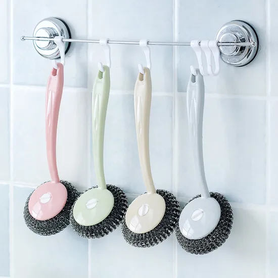 Long Handle Pot Brush Kitchen Cleaning Pot Brush Steel Ball Durable Do Not Drop Slag Household Decontaminator Washing Dish Brush Pot 